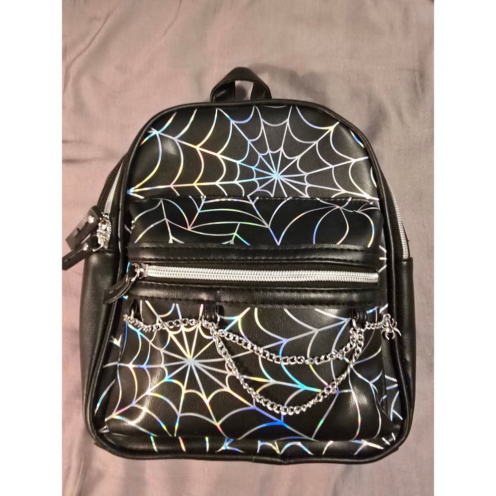 Claire's Holographic Spiderweb Mini Backpack Black Faux Leather Goth Chain